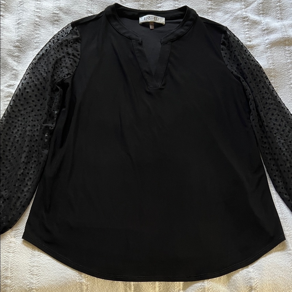 Kasper Elegant Black Blouse with Sheer Polka Dot Sleeves